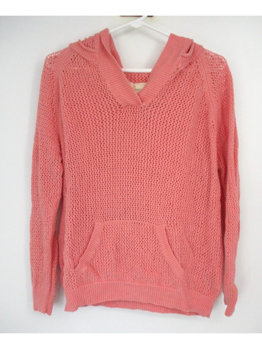Shirt 469 Womens Open Knit Hoodie XL Kangaroo Pocket Pink Linen Blend